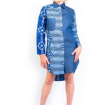 African print & Denim Fusion High Low Dress Shirt Front